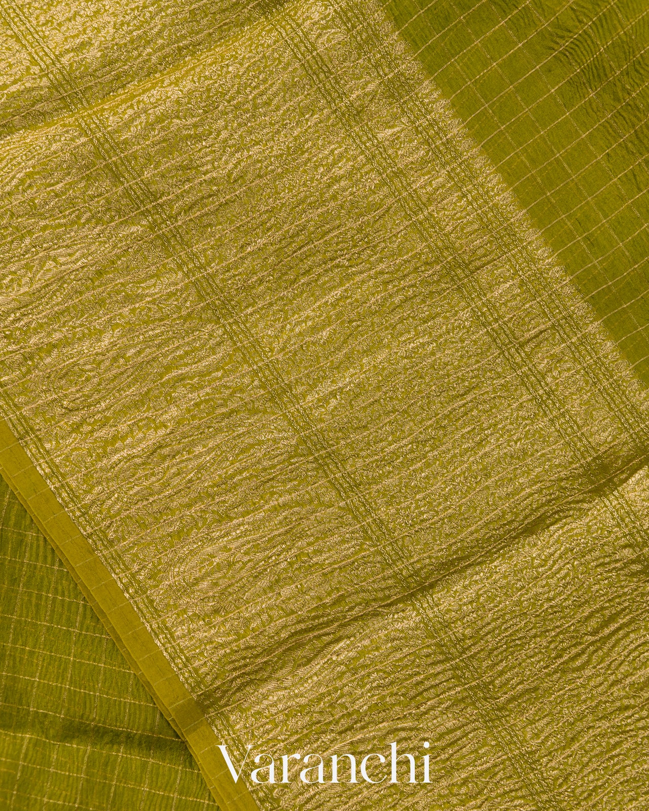 Mehendi Green Checked Pure Kora Silk Saree