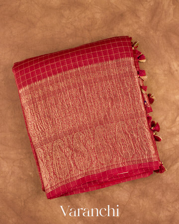 Maroon Checked Pure Kora Silk Saree
