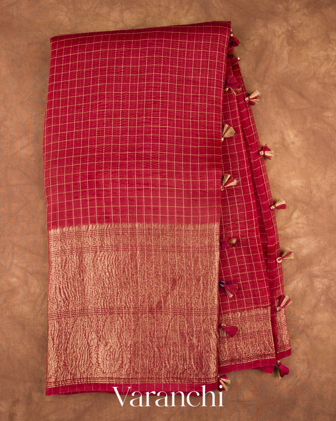 Maroon Checked Pure Kora Silk Saree