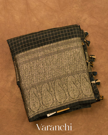 Jet Black Checks Pure Crush Kora Silk Saree