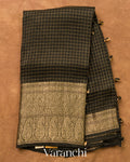 Jet Black Checked Pure Kora Silk Saree
