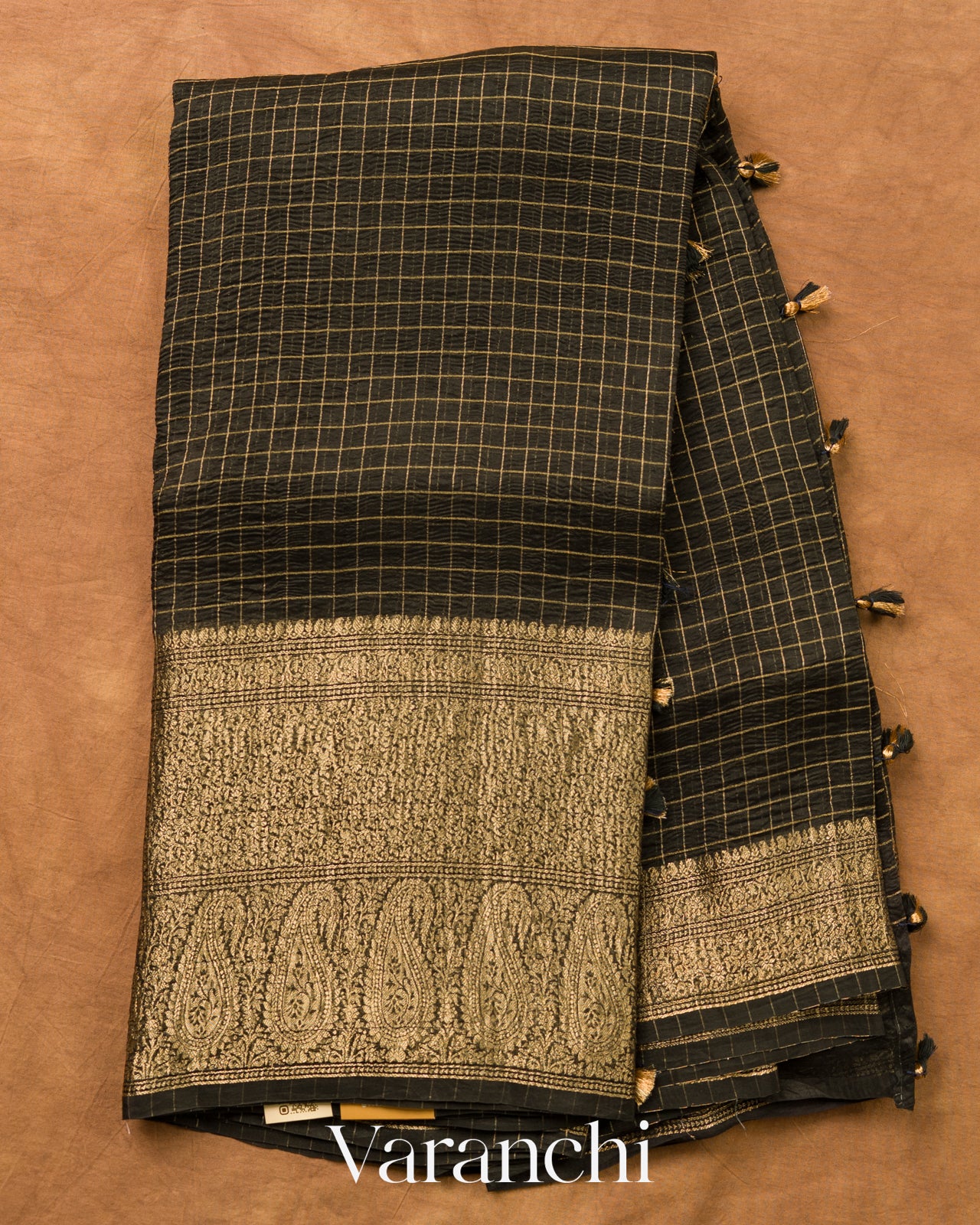 Jet Black Checked Pure Kora Silk Saree