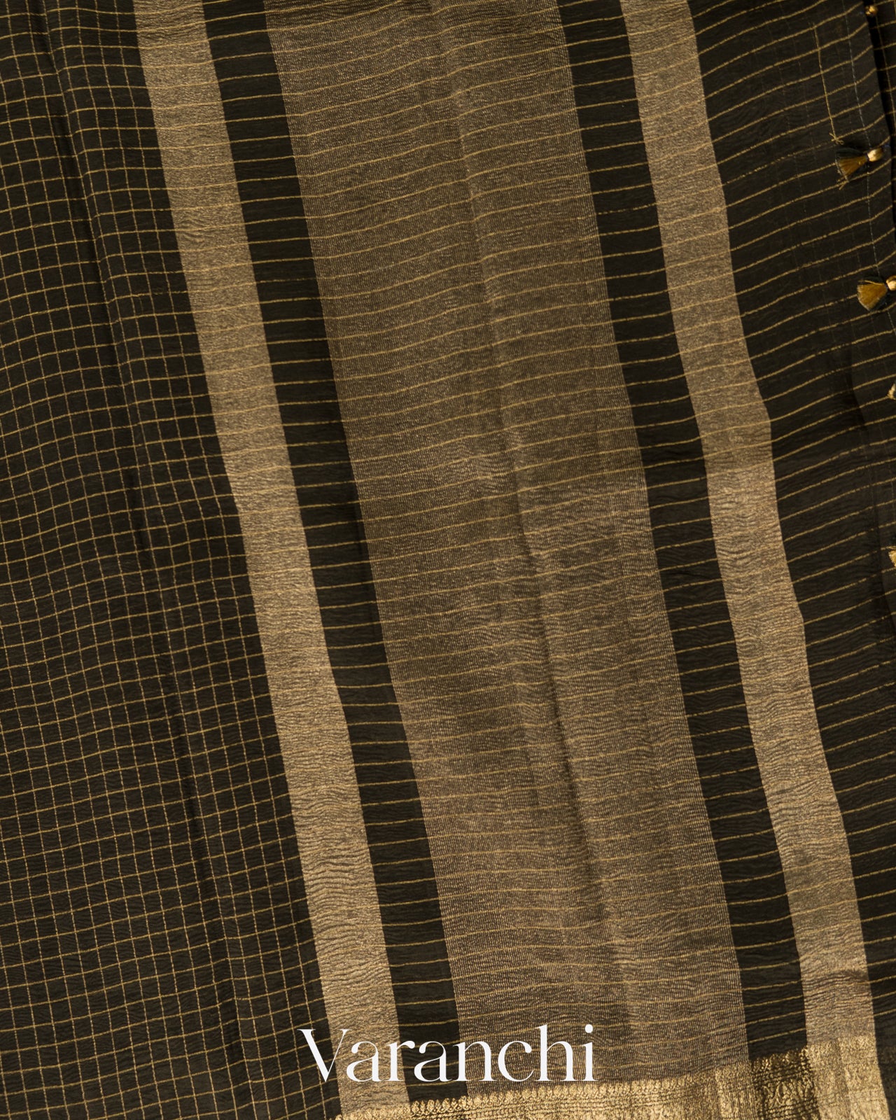 Jet Black Checked Pure Kora Silk Saree