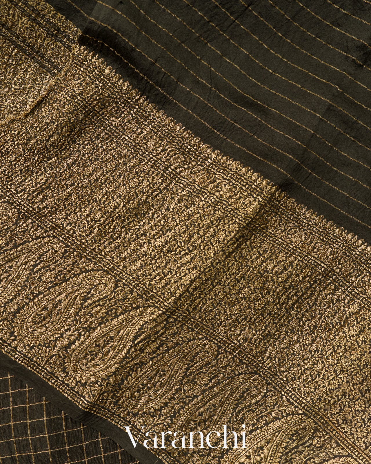 Jet Black Checked Pure Kora Silk Saree
