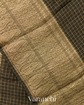 Jet Black Checked Pure Kora Silk Saree