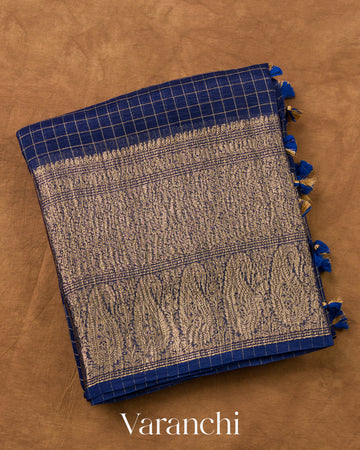 Navy Blue Checks Pure Crush Kora Silk Saree