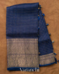 Navy Blue Checked Pure Kora Silk Saree