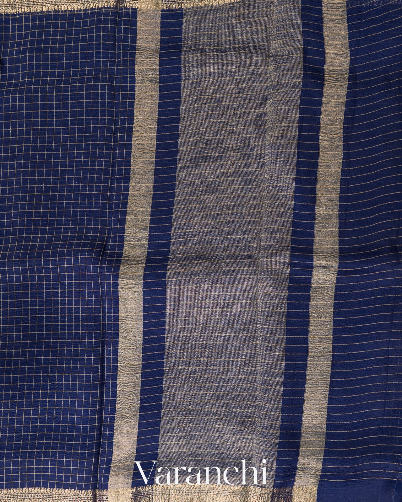 Navy Blue Checked Pure Kora Silk Saree