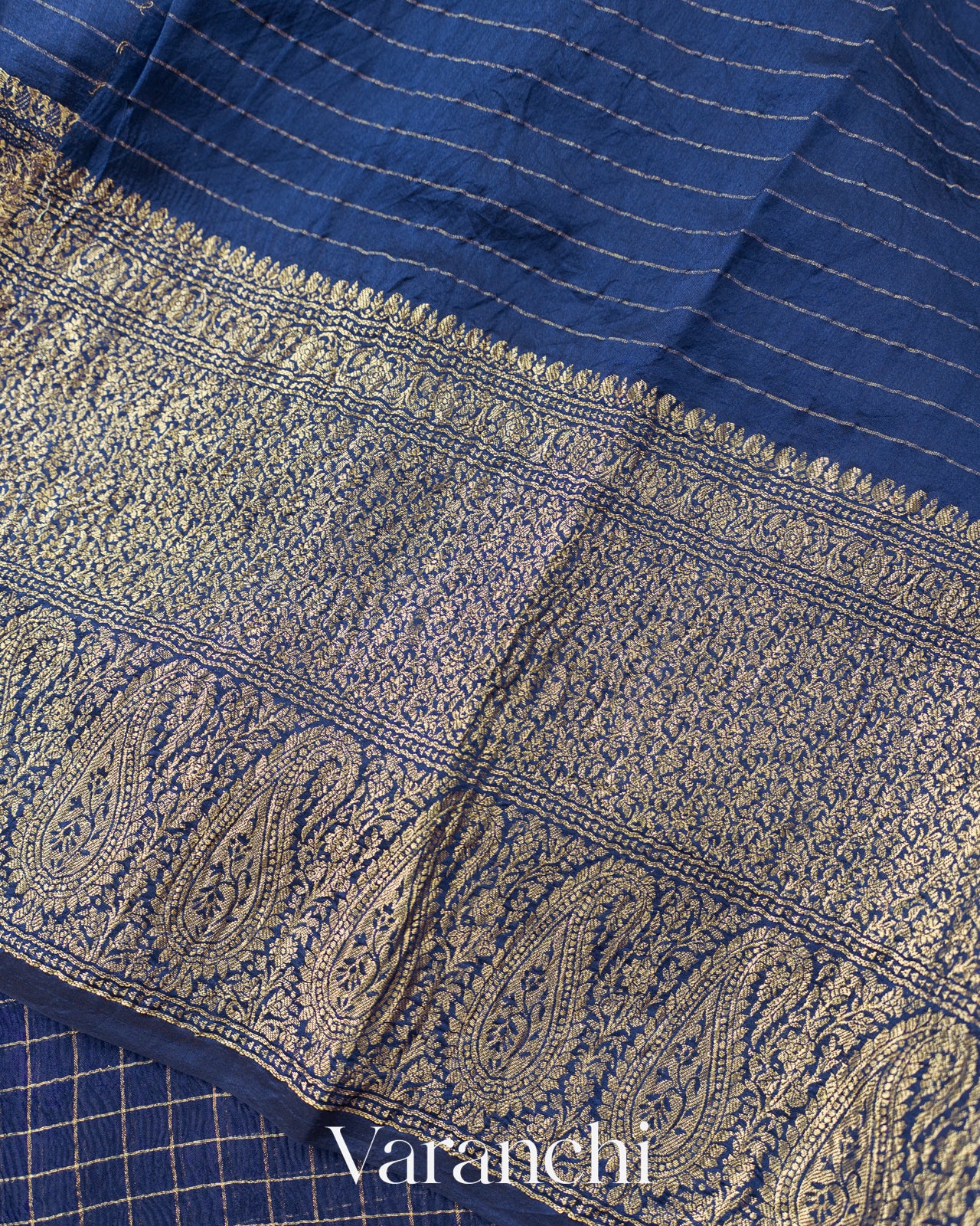 Navy Blue Checked Pure Kora Silk Saree