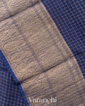 Navy Blue Checked Pure Kora Silk Saree