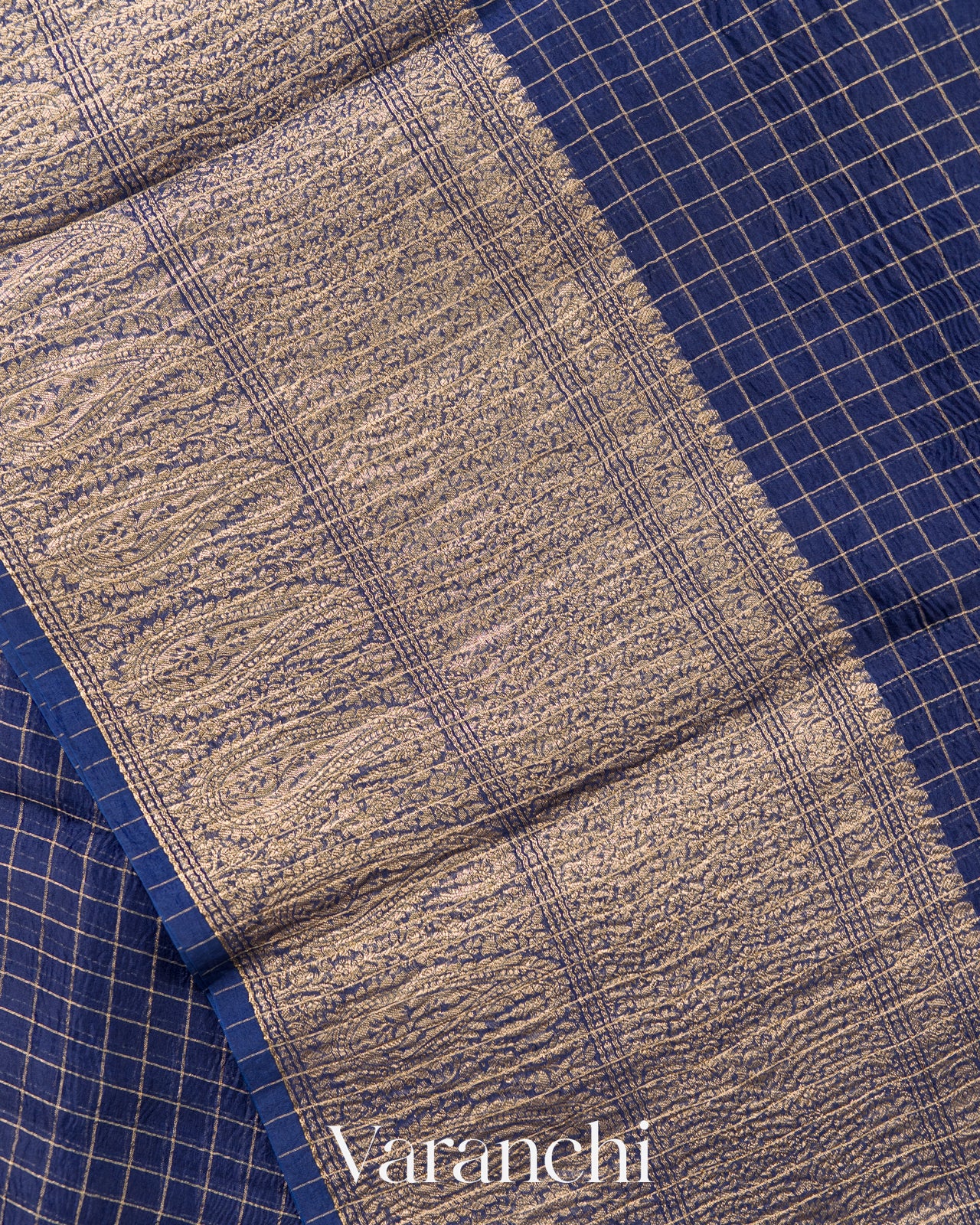 Navy Blue Checked Pure Kora Silk Saree