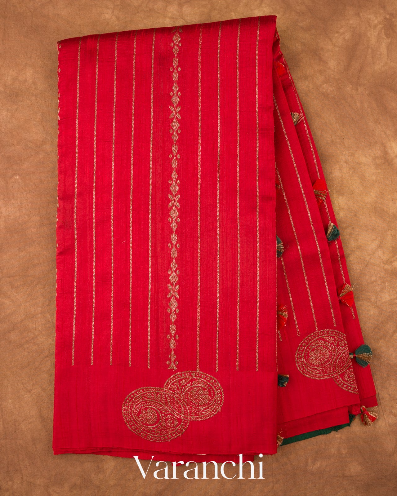 Chilly Red Striped Pure Raw Silk Handloom Saree