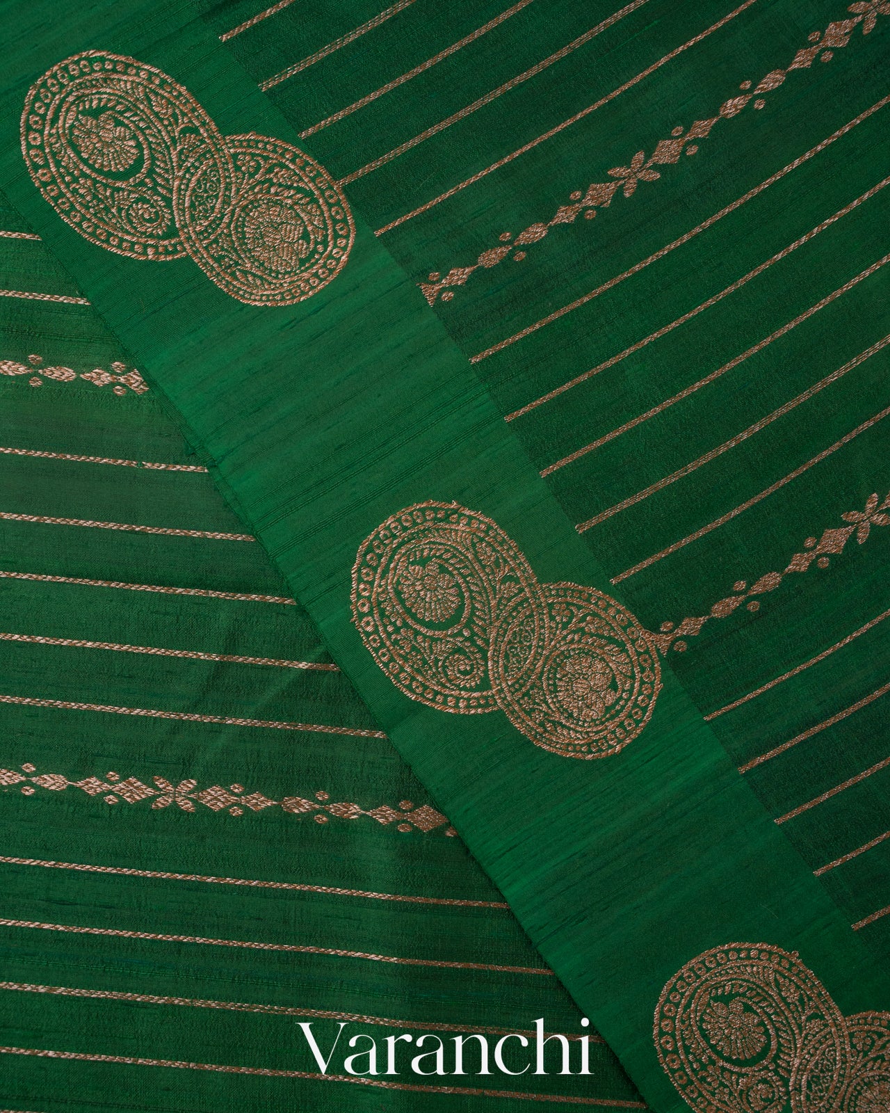 Bottle Green Striped Pure Raw Silk Handloom Saree
