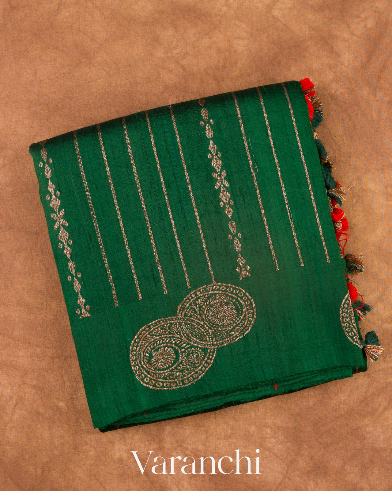 Bottle Green Striped Pure Raw Silk Handloom Saree