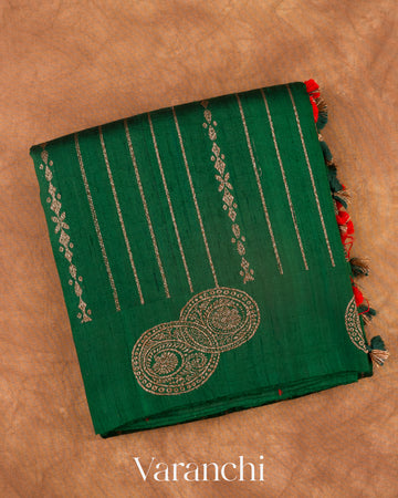 Bottle Green Striped Pure Raw Silk Handloom Saree