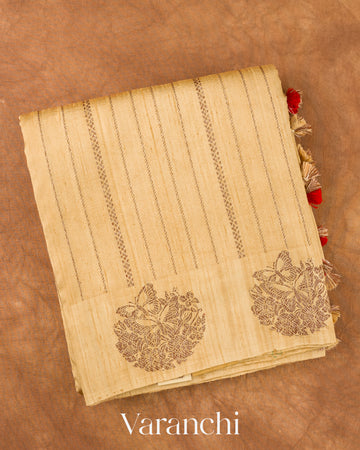 Beige Striped Pure Raw Silk Handloom Saree