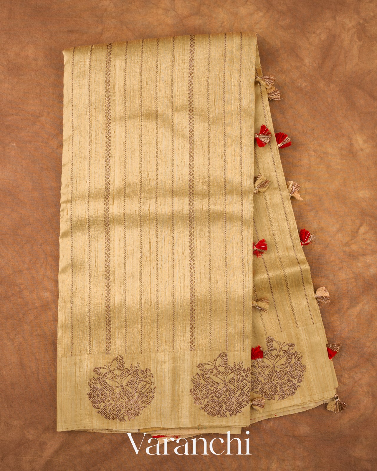 Beige Striped Pure Raw Silk Handloom Saree