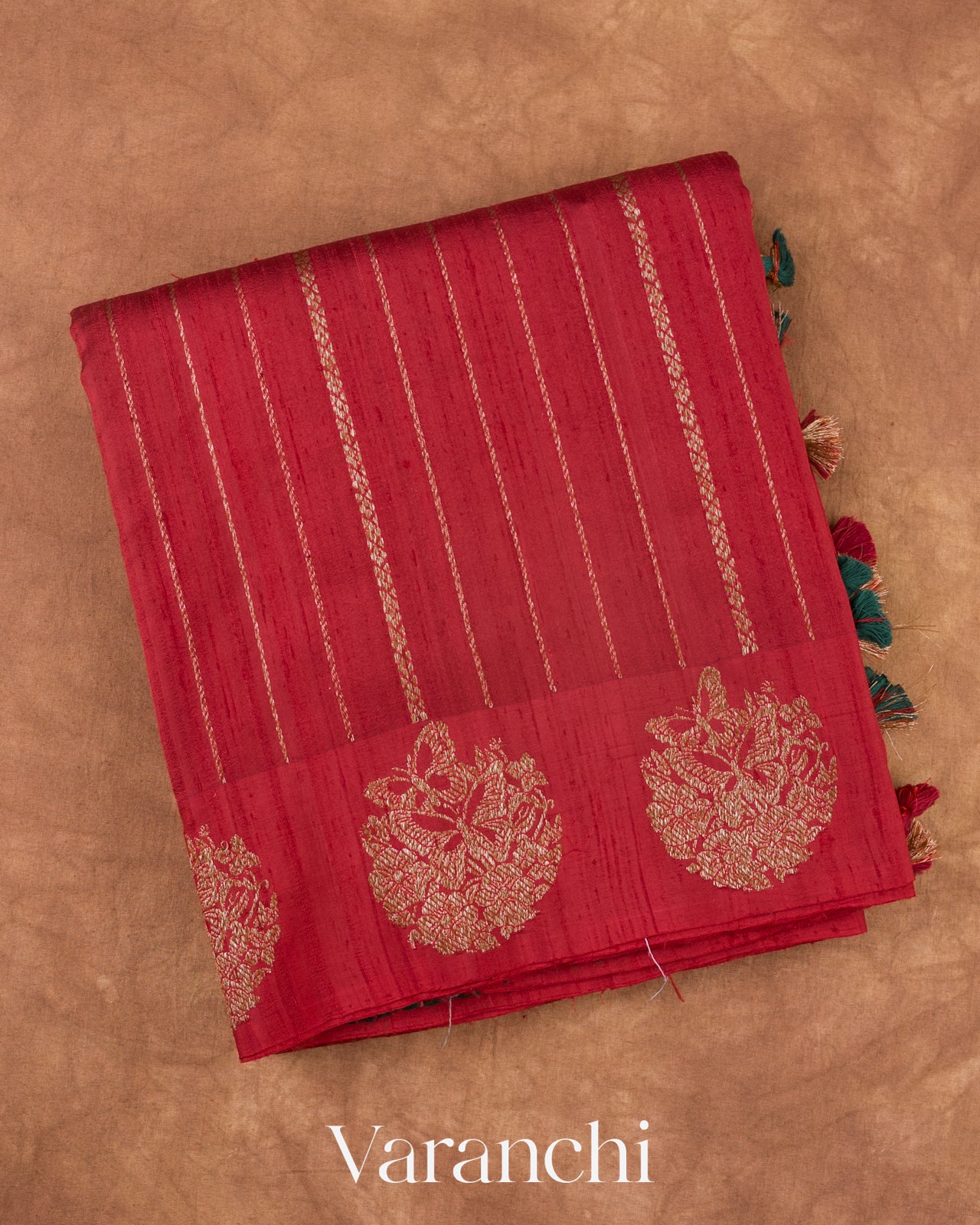 Crimson Striped Pure Raw Silk Handloom Saree