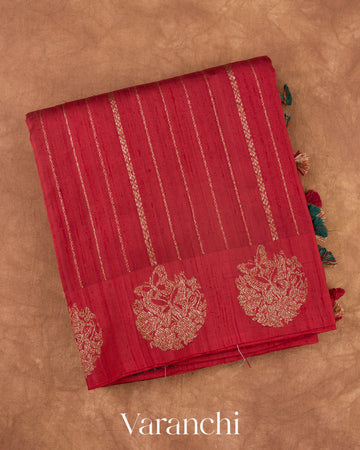 Crimson Striped Pure Raw Silk Handloom Saree