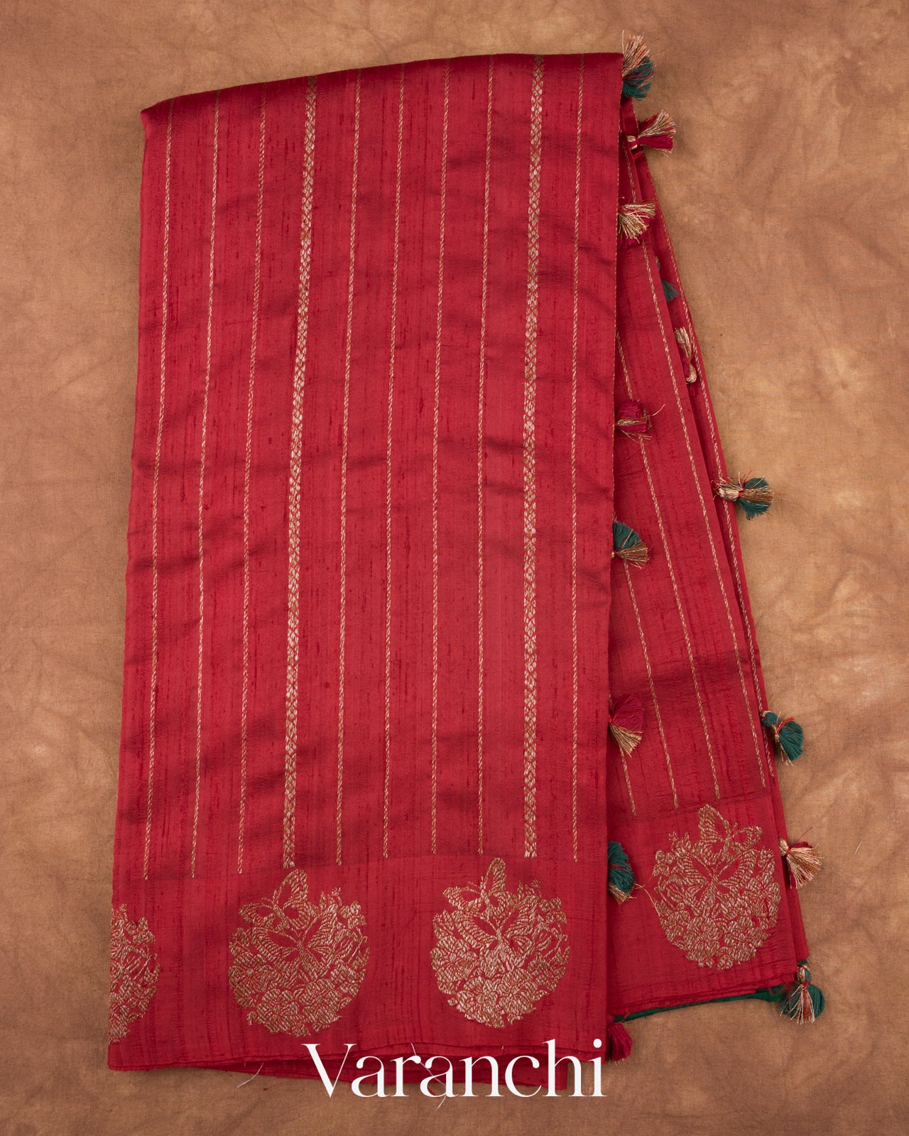Crimson Striped Pure Raw Silk Handloom Saree