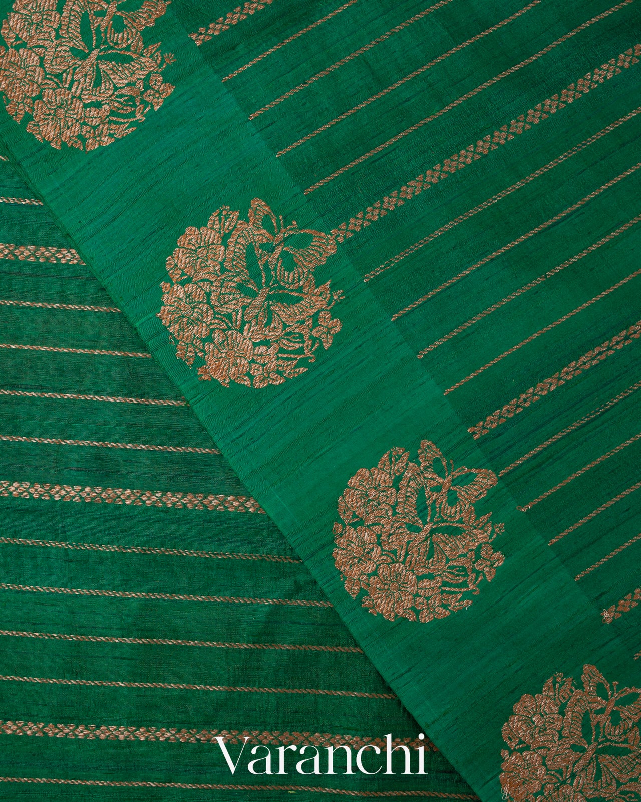 Bottle Green Striped Pure Raw Silk Handloom Saree