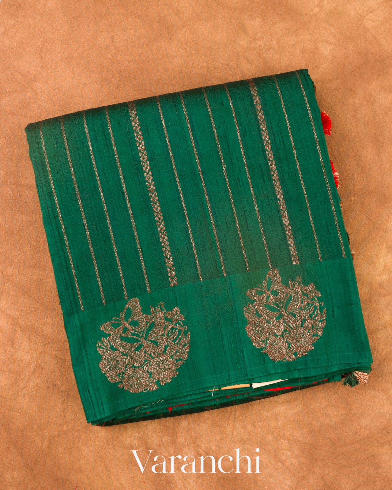 Bottle Green Striped Pure Raw Silk Handloom Saree