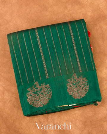 Bottle Green Striped Pure Raw Silk Handloom Saree