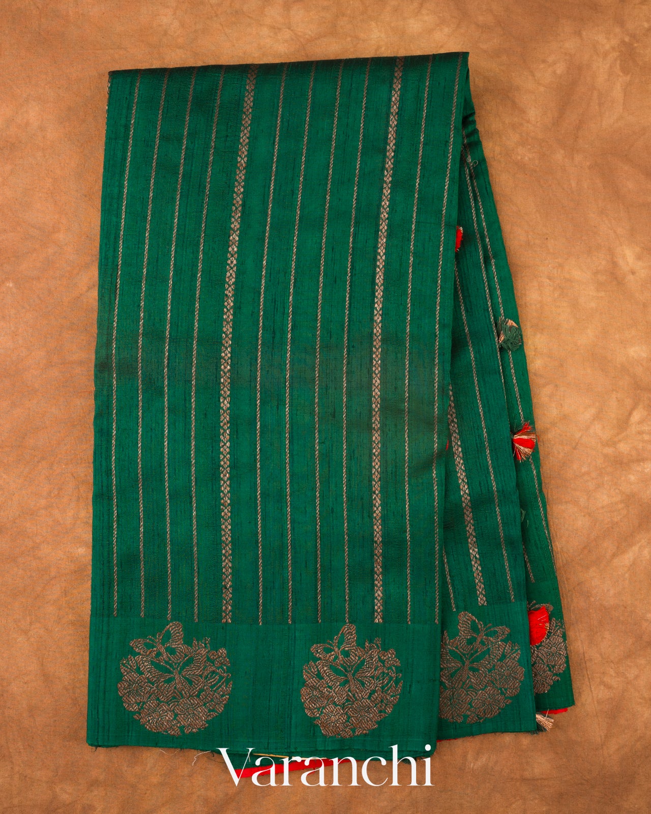 Bottle Green Striped Pure Raw Silk Handloom Saree
