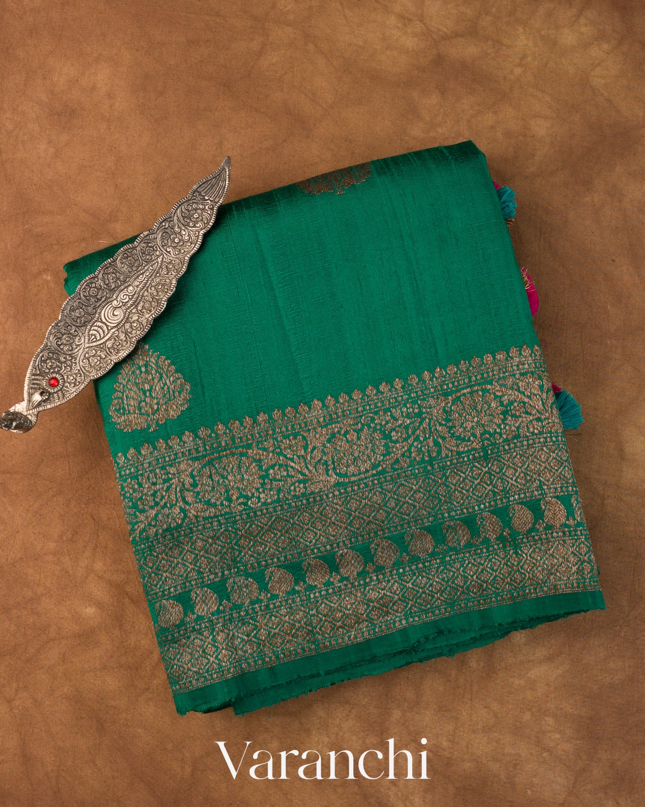 Rama Green Pure Raw Silk Handloom Saree