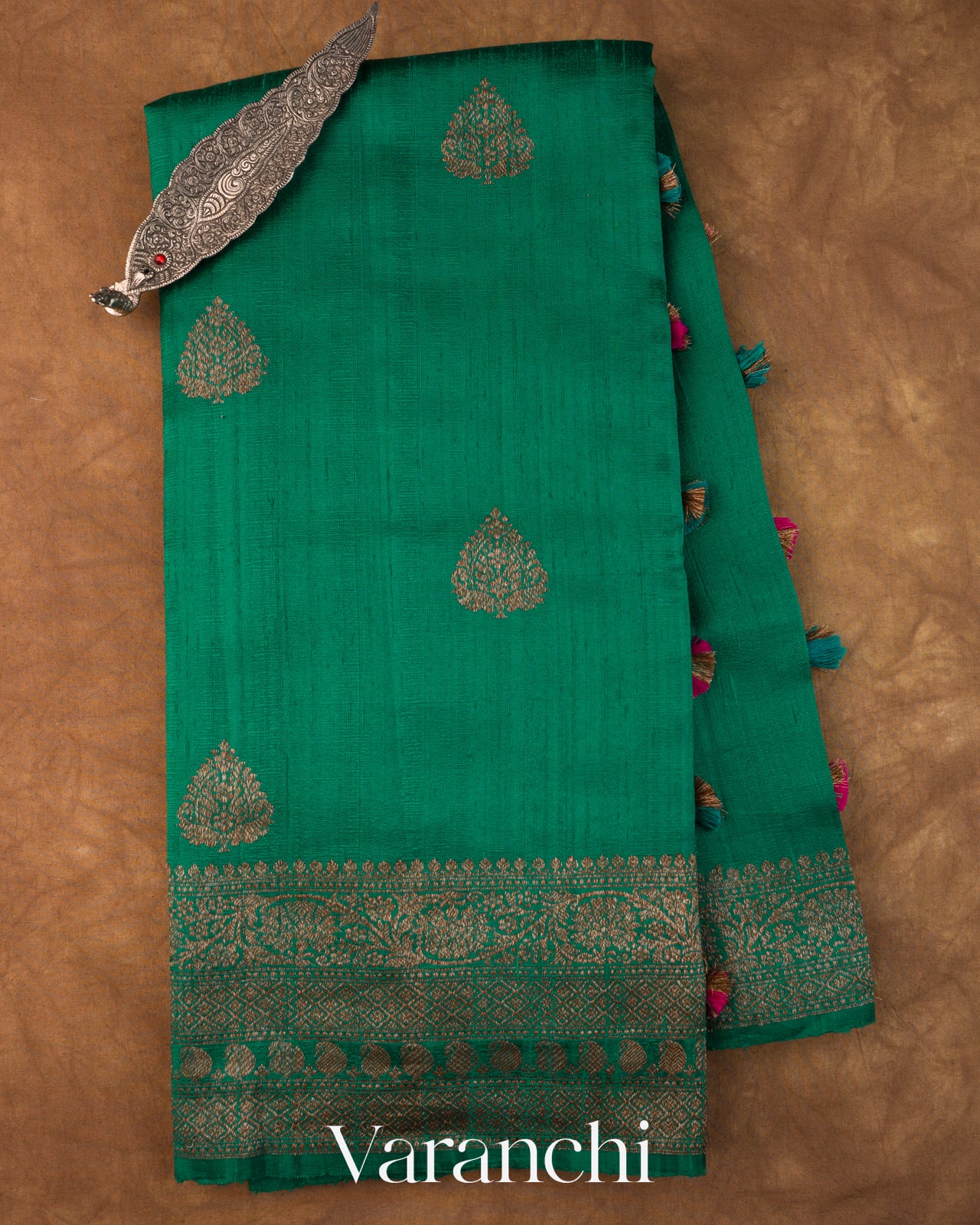 Rama Green Pure Raw Silk Handloom Saree
