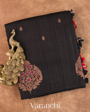 Black Borderless Pure Raw Silk Handloom Saree