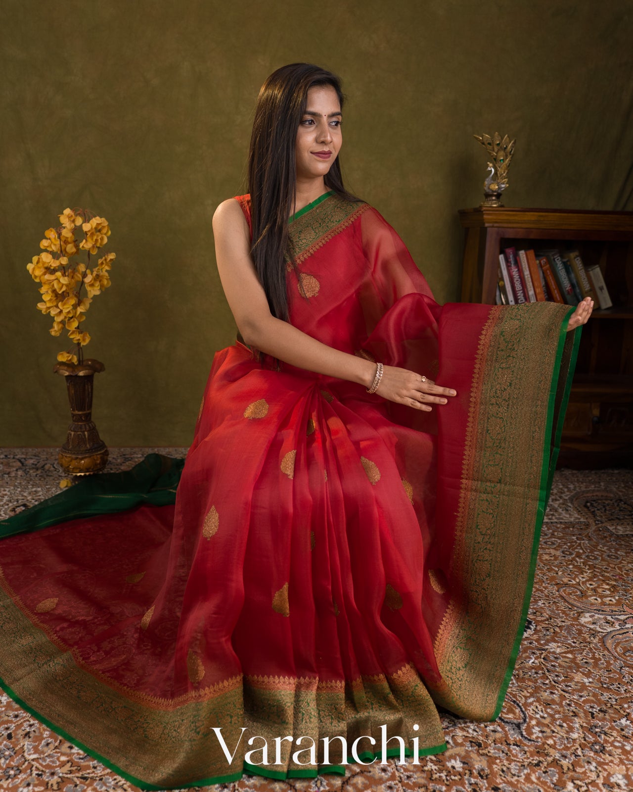 Crimson Red Pure Kora Silk Saree