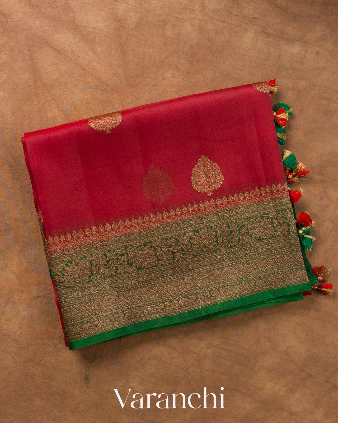 Crimson Red Pure Kora Silk Saree