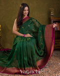 Bottle Green Pure Kora Silk Handloom Saree