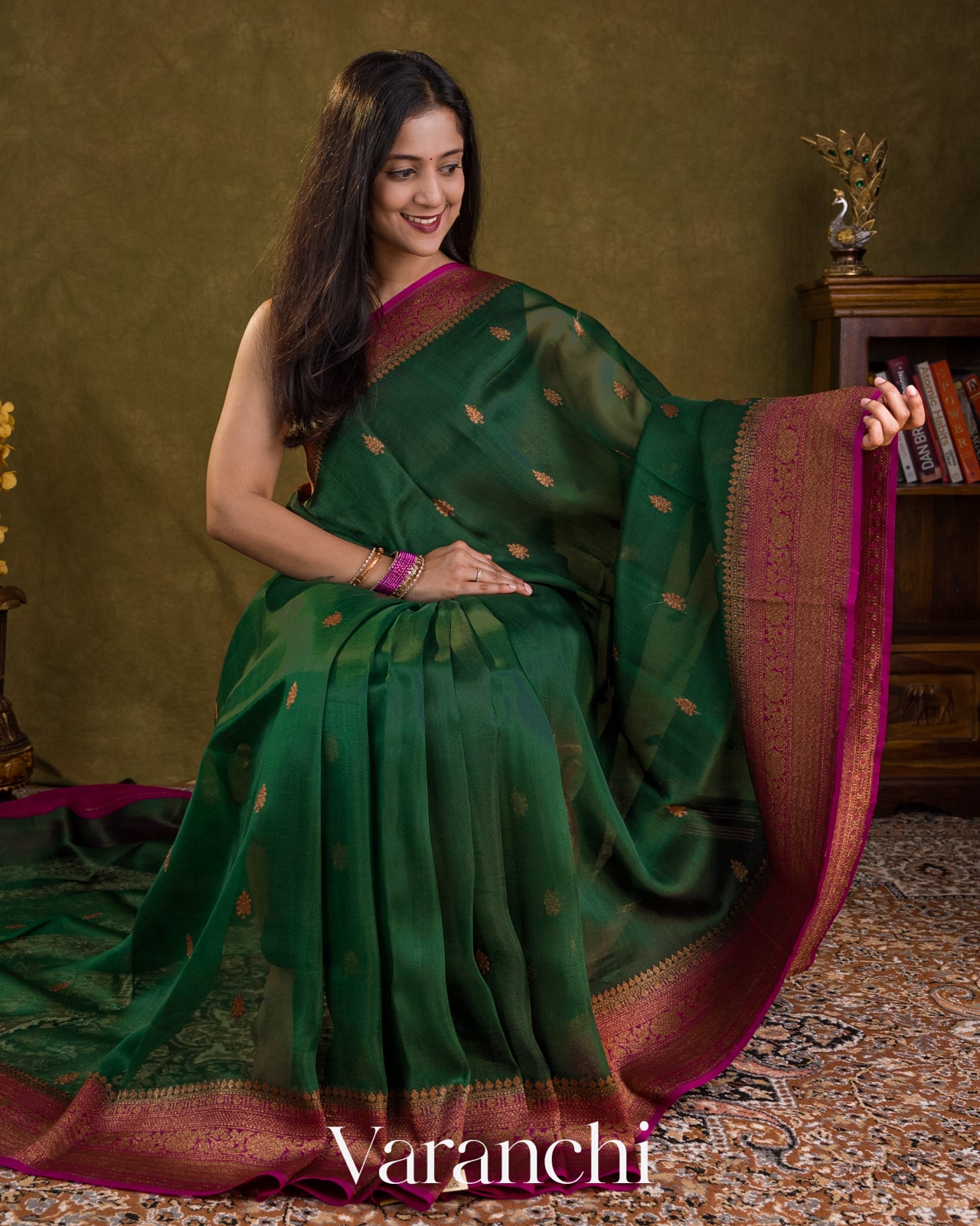 Bottle Green Pure Kora Silk Handloom Saree