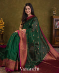 Bottle Green Pure Kora Silk Handloom Saree