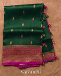 Bottle Green Pure Kora Silk Handloom Saree