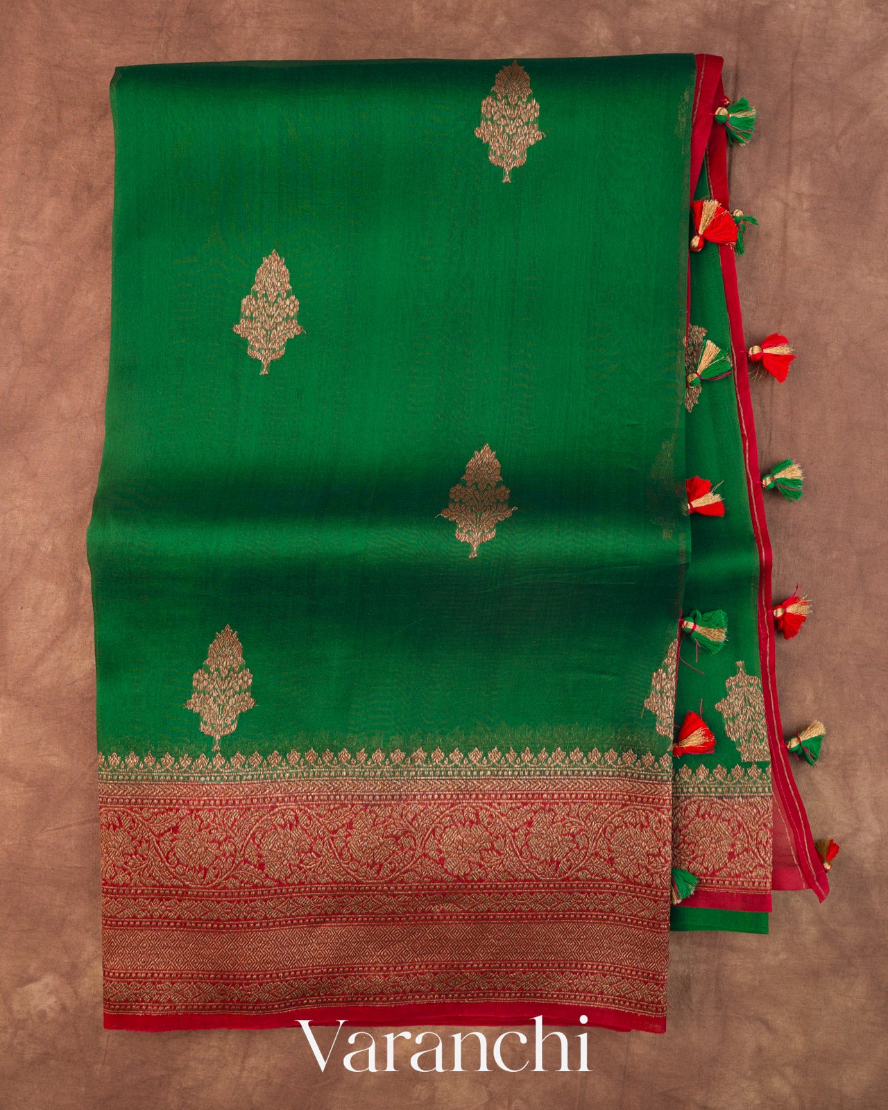 Emerald Green Pure Kora Silk Saree