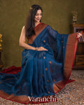 Ink Blue Pure Kora Silk Handloom Saree