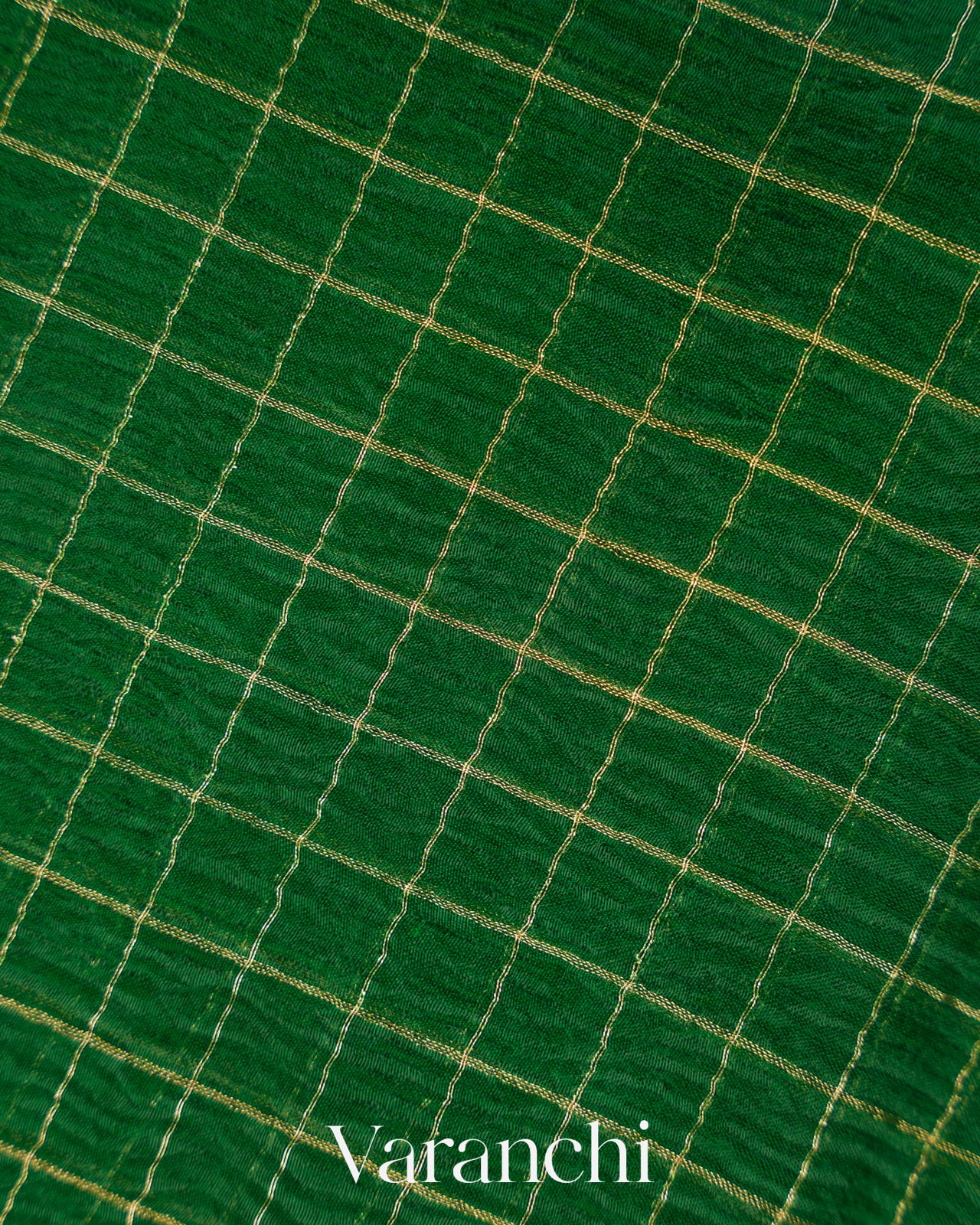 Bottle Green Checked Pure Kora Silk Saree