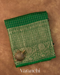 Bottle Green Checked Pure Kora Silk Saree