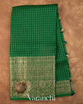Bottle Green Checked Pure Kora Silk Saree
