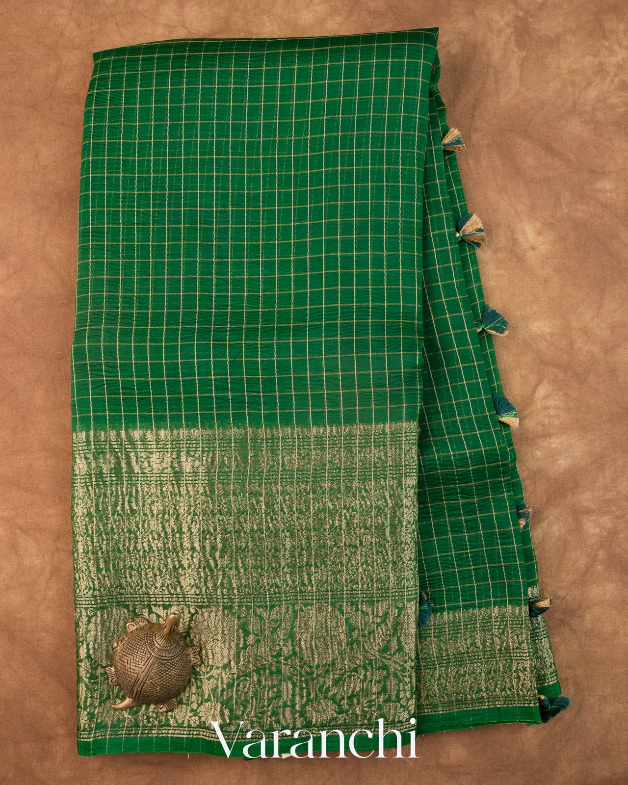 Bottle Green Checked Pure Kora Silk Saree
