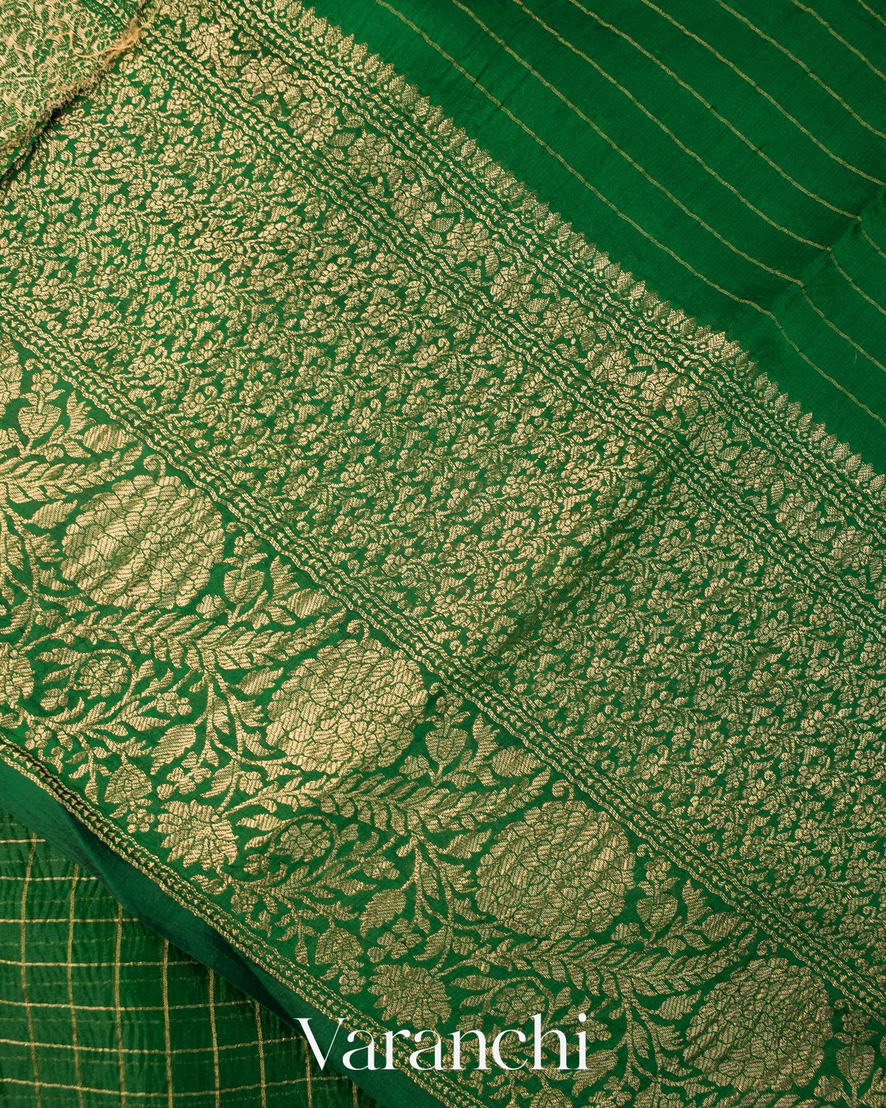Bottle Green Checked Pure Kora Silk Saree