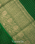 Bottle Green Checked Pure Kora Silk Saree