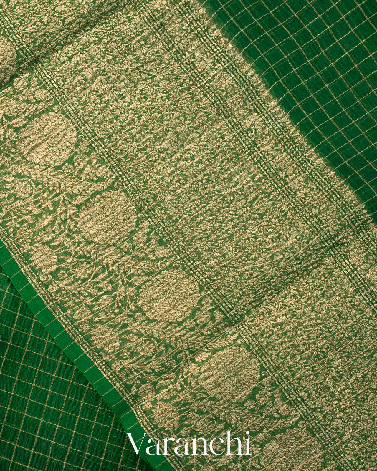 Bottle Green Checked Pure Kora Silk Saree