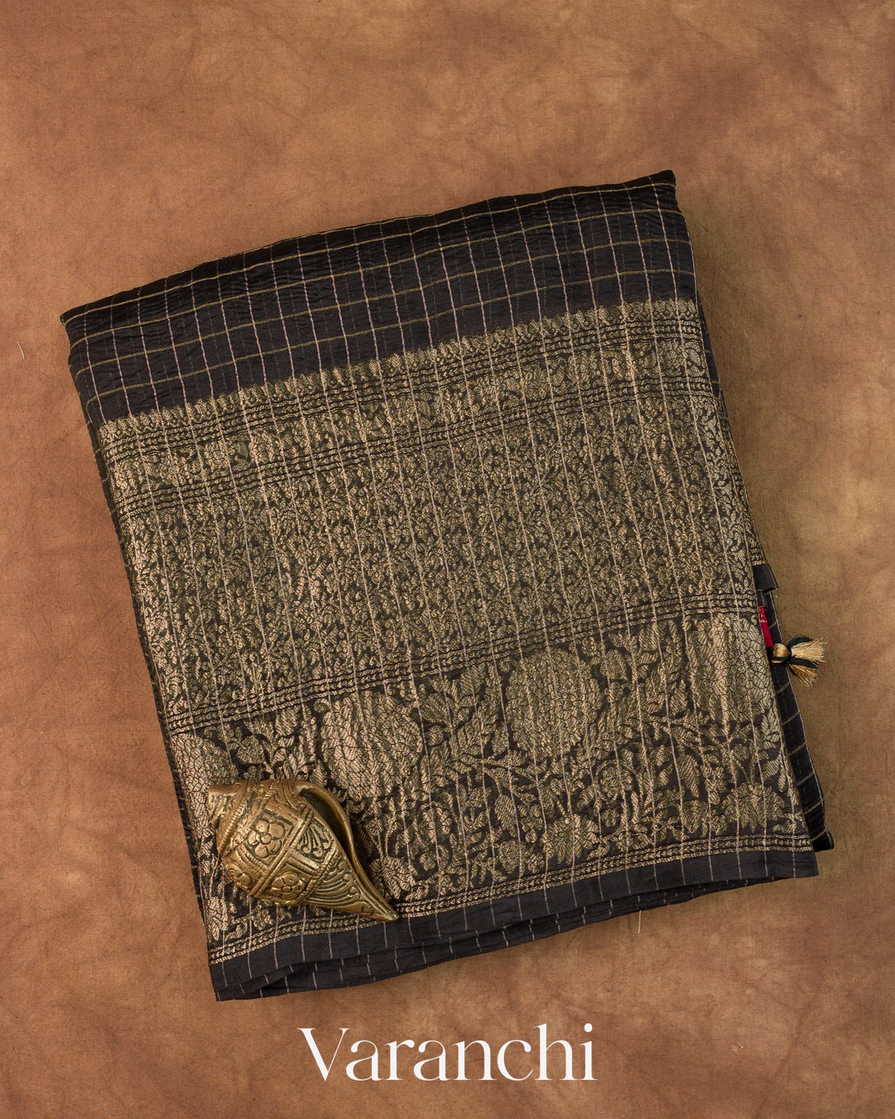 Black Checked Pure Kora Silk Saree