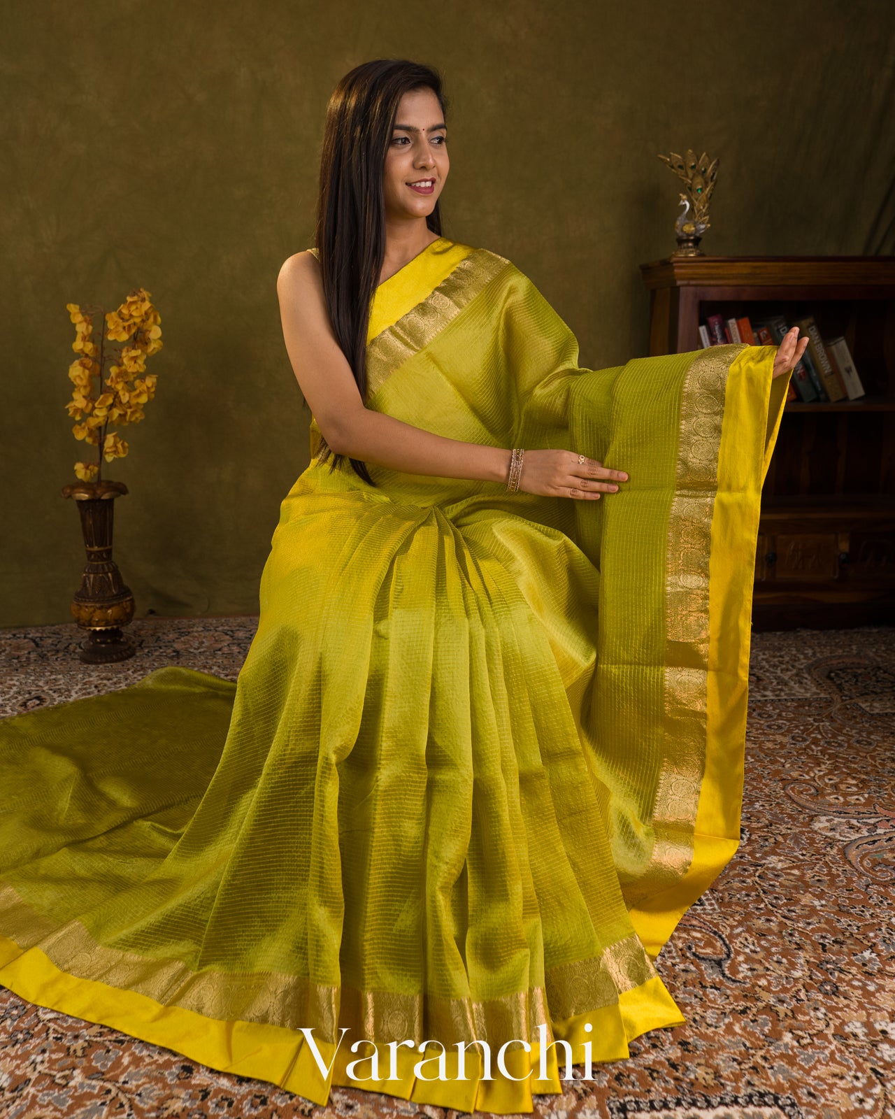 Mehendi Green Checkered Pure Katan Silk Saree