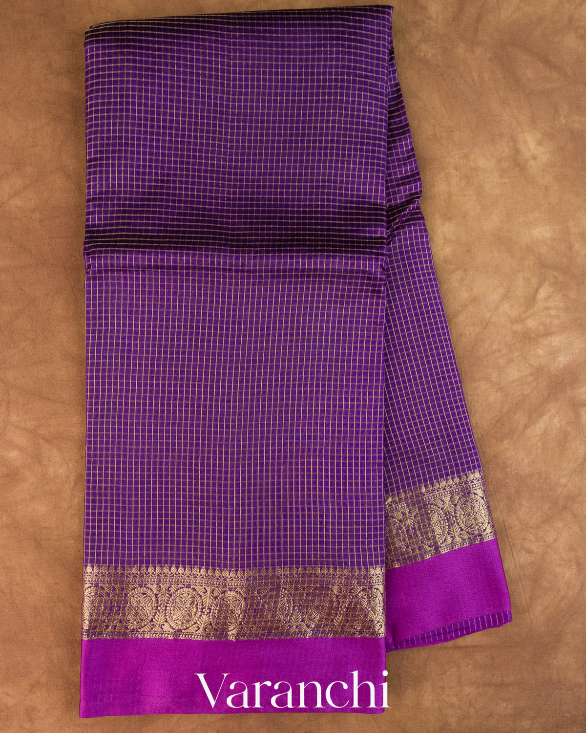 Violet Checked Pure Katan Silk Saree