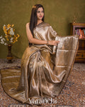 Chocolate Brown Brocade Pure Tissue Katan Silk Handloom Saree